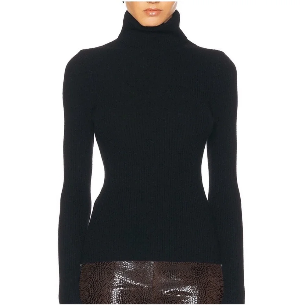 Enza Costa Turtleneck Sweater Womens L Black Wool Cashmere Ribbed Minimal Luxury
